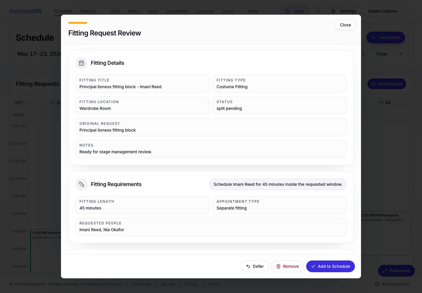 BackstageOS Review fitting request dialog with fitting details, date, time, assignment, and Add to Schedule action.