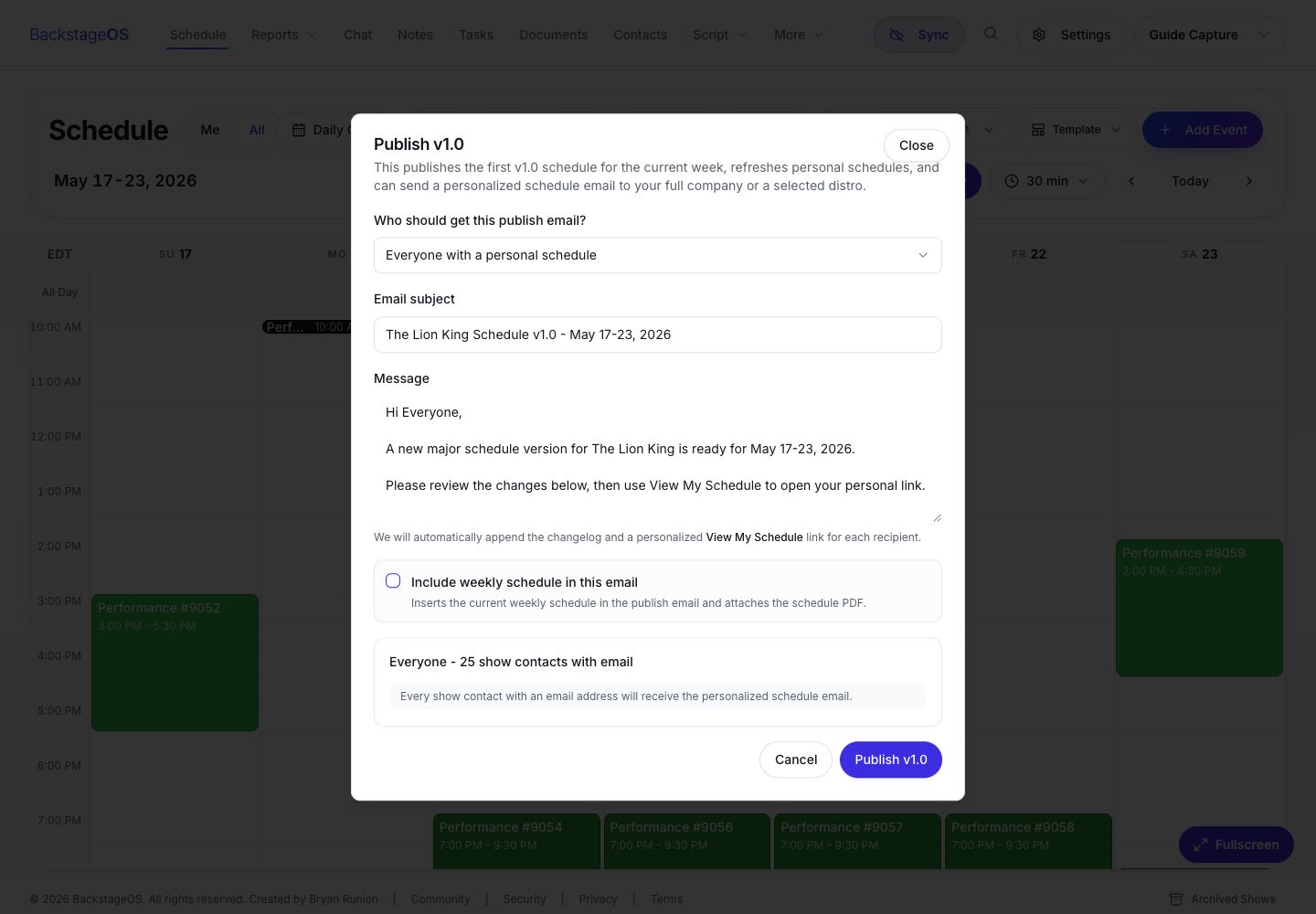 BackstageOS publish weekly schedule dialog with recipients, subject, message, weekly schedule PDF option, and recipient preview.