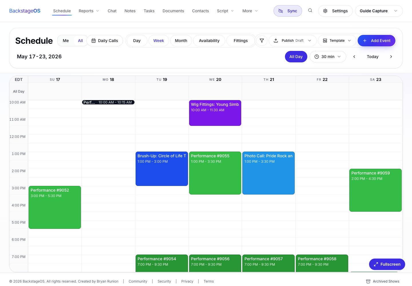 BackstageOS schedule workspace showing the weekly calendar, publish status, and publish controls.