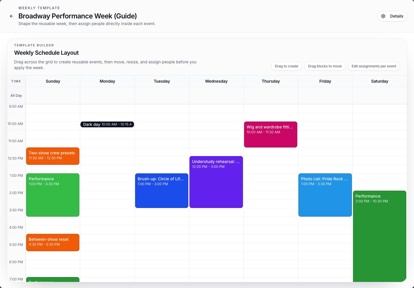 BackstageOS Template Builder with weekly schedule blocks and event details.