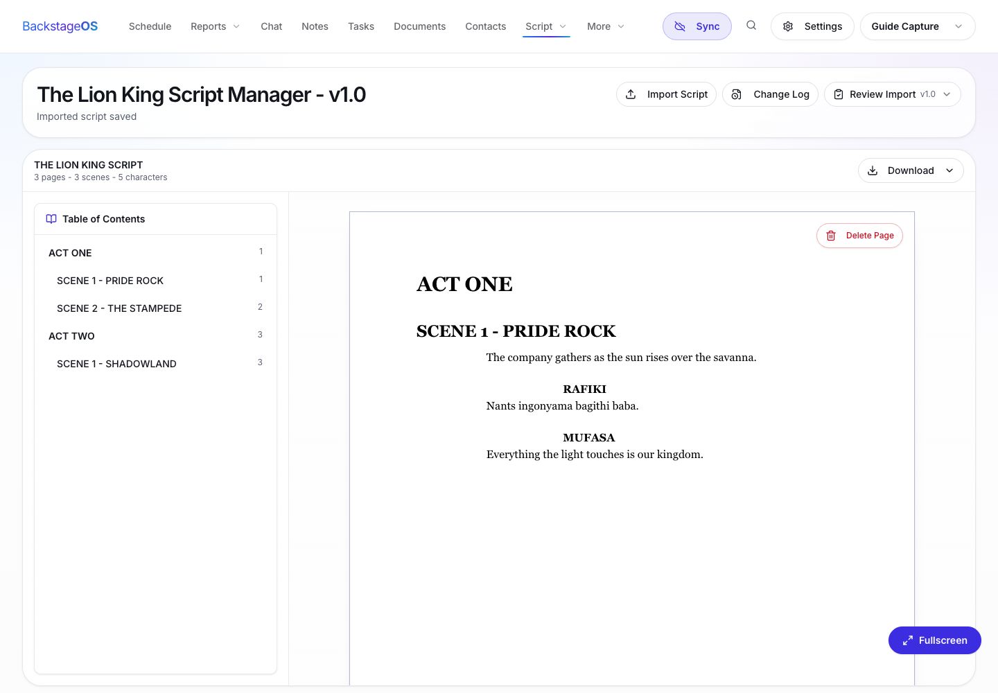 BackstageOS Script page showing import controls, a script page preview, and import preview metrics.