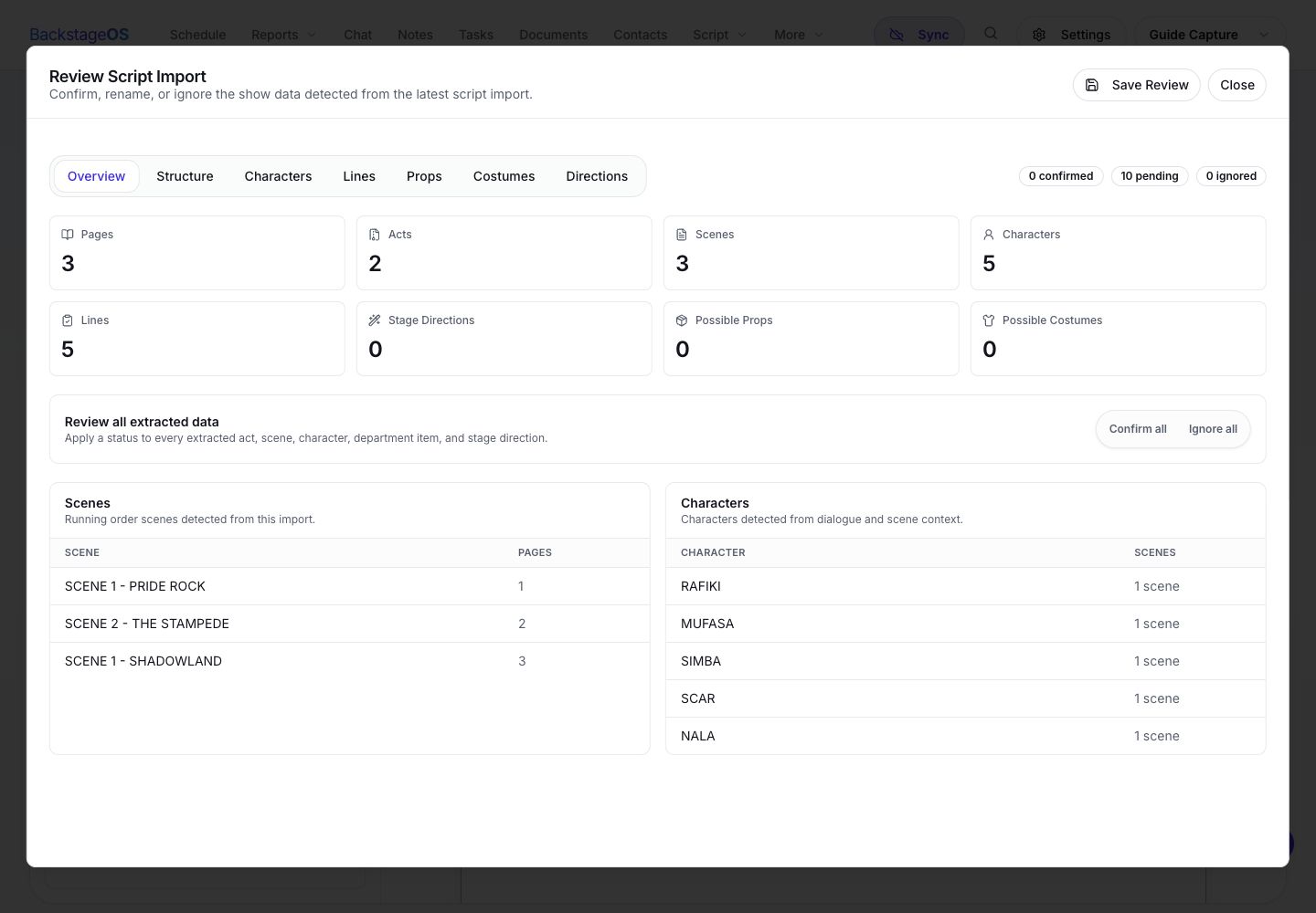 BackstageOS Review Script Import dialog with extracted scenes, characters, and review controls.